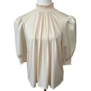 Brea Canyon Smocked Neck Ivory Blouse Puffed Vegan Leather Sleeves Size L NWT